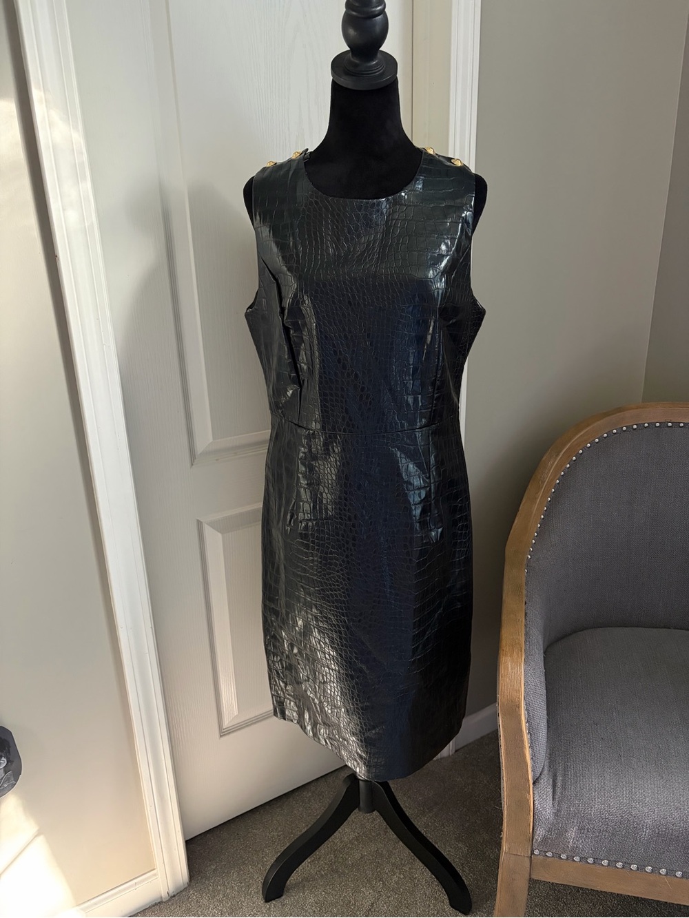 JB by Julie Brown Black Faux-Croc Sheath Dress with Gold Buttons